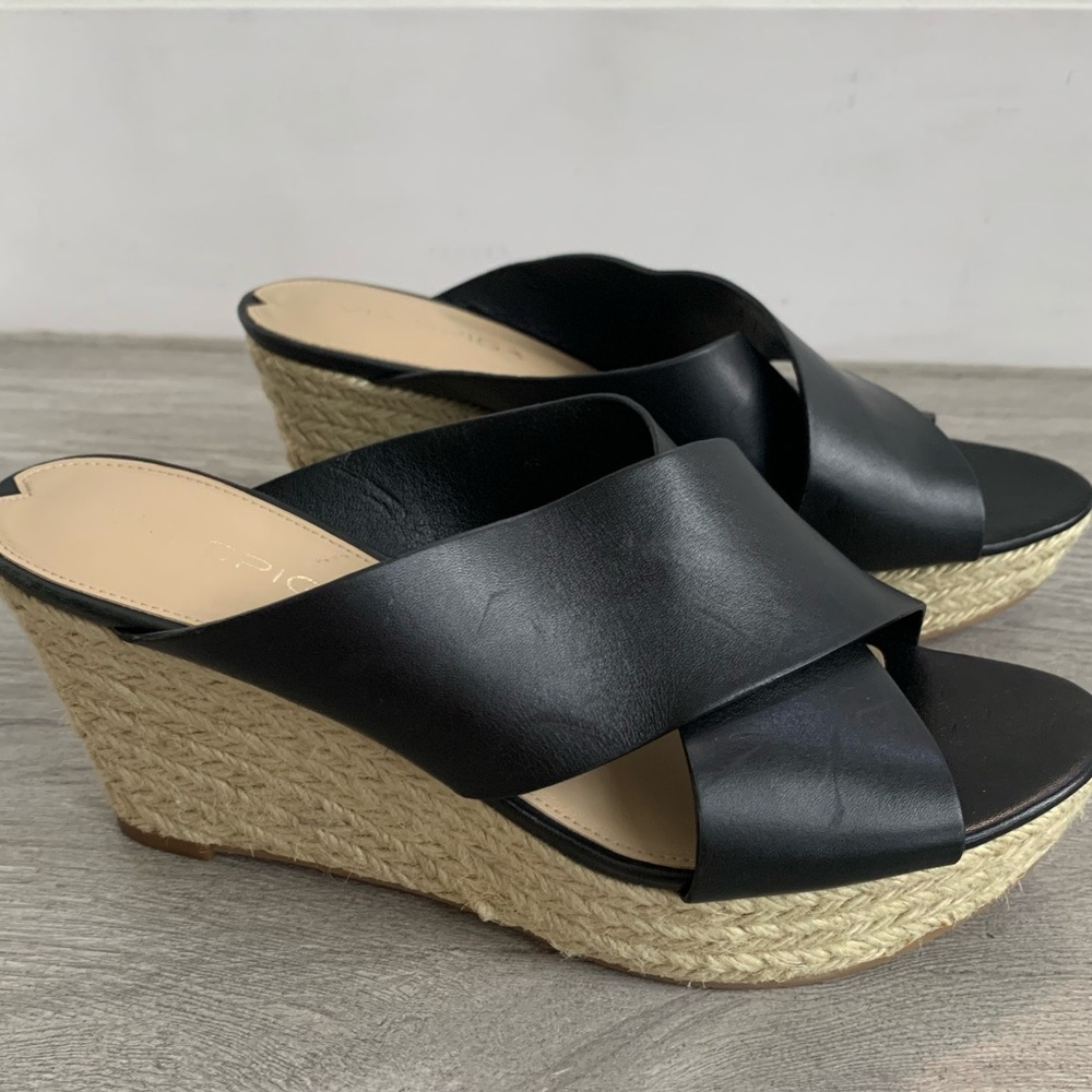 Via Spiga Black Leather Espadrille Sandal Wedges 8M - Picture 3 of 11